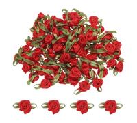 TA-VIGOR 100pcs 5/8"x1-3/16" Mini Satin Ribbon Roses Bows, Fabric Rose Flower Embellishments Gift Wrapping Bow Ribbon for DIY Crafts, Wedding, Hair Clips, Gift Decoration, Sewing Appliques, Red