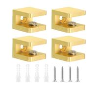 TA-VIGOR 4pcs 5-8mm Glass Clamp Adjustable Brass Shelf Brackets with Rubber Pads, No-Drill Shelf Supports with Screws for Bathroom, Cabinet, Wine Rack (Gold)