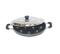 TABAKH Bright AppamPatra Paniyaram Non Stick Pan with Stainless Steel Lid,Black,Medium