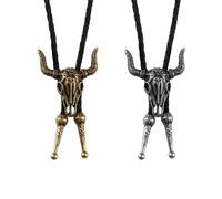 Tabanzhe 2PCS Cowboy Necklace,Mens Leather Bolo Tie Adjustable Western Theme Necklace Cord Cowboy Accessories Gifts for Men Boyfriend Husband Dad(Cow Skull)