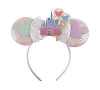 Tabanzhe Glitter Mouse Ears Headband,Pink Castle Mouse Ears with Sparkly Bow,Cute Fancy Dress Costume Headband for Women Theme Park Birthday Party Cosplay Decoration