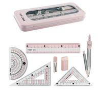 Tabanzhe Maths Set, Protractor and Compass Set for Secondary School Students,8 Pcs Geometry Set with Rulers and Storage Box,Stationery Supplies for Drafting,Drawing and Learning(Pink)