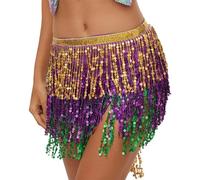 Tabanzhe Sequin Tassel Skirt for Women,Belly Dance Fringe Skirt Wrap Hip Scarf,Sparkly Glitter Rave Festival Skirts Adjustable Waist Dance Costume for Party Performance(Gold,Purple,Green)