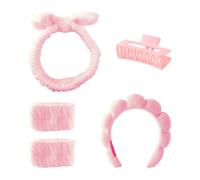 Tabanzhe Spa Headbands for Washing Face 5PCS Skincare Hairbands Set for Women Makeup with Face Wash Wristbands Hair Clips Soft Puffy Headband Sponge Headband(Pink)