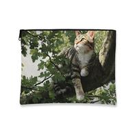 Tabby Cat Cosmetic Bag, Whiskered Feline Art Makeup Travel Pouch for Women, Portable Small Canvas Zipper Case, Cat Lover Gift Organizer Bag, Outdoor Adventure Toiletry Essentials, Green, 7x9 Inch, Cat