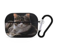 Tabby Cat Earbuds Organizer Shockproof Protective Airpods Pro Cover with Carabiner Clip Anti Fall Carrying Earphone Case Cover for Airpods Pro 2nd Generation Black