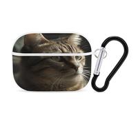 Tabby Cat Earbuds Organizer Shockproof Protective Airpods Pro Cover with Carabiner Clip Anti Fall Carrying Earphone Case Cover for Airpods Pro 2nd Generation White