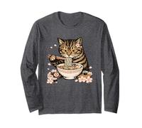 Tabby Cat Eating Ramen Noodles Japanese Cherry Blossom Cat Long Sleeve T-Shirt