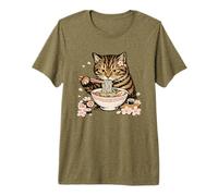 Tabby Cat Eating Ramen Noodles Japanese Cherry Blossom Cat Premium T-Shirt