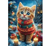 Tabby Cat in A Knit Sweater with Candles 300 Pieces Set Classic Jigsaw Puzzle Science Fiction Magical Dream Couple Puzzle Partners Mind Relaxation Wall Decor Easter New Year Premium Cardboard 300 PC