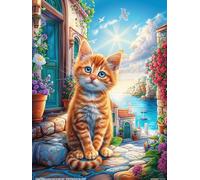 Tabby Cat in A Mediterranean Alley 300 Pieces Set Classic Jigsaw Puzzle Fairy Tale Scenery Cartoon Couple Puzzle Partners Mind Relaxation Wall Decor Easter New Year Recycled Cardboard 300 PCS