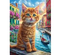 Tabby Cat in Venice Canal 1000-piece Jigsaw Puzzle Set Fairy Tale Scenery Cartoon For Adults Teens 14+ Logic Skill Indoor Game Family Game Night Summer Recycled Cardboard 1000 PCS