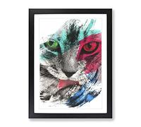 Tabby Cat Licking Paw V2 Modern Framed Wall Art Print, Ready to Hang Picture for Living Room Bedroom Home Office Décor, Black A3 (34 x 46 cm)