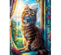 Tabby Cat Looking Out A Window 300 Piece Jigsaw Puzzle Pack Scenery Science Fiction Teens Beginners Cognitive Development Puzzle Fans Group Play Anniversary Recycled Cardboard 300 PCS
