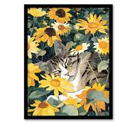Tabby Cat Lover Asleep in Wildflower Garden Framed Art Print Artery8 Yellow W12 inch x H16 inch