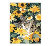 Artery8 Tabby Cat Lover Asleep in Wildflower Garden Living Room Extra Large XL Wall Art Poster Print