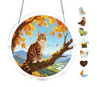 Tabby Cat Maple Tree River Scene 7.8x7.8Inch Round Acrylic Hanging Puzzle | Creative Home Accent with Visual Appeal