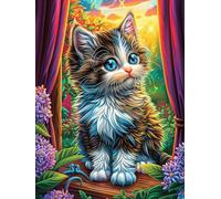 Tabby Cat on A Stage with Curtains 300 Pieces Premium Jigsaw Puzzle Science Fiction Magical Dream Adult Jigsaws Educational Challenge Mental Exercise Wall Art Winter Rigid Cardboard 300