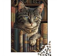 Tabby Cat on Bookshelf 1000 Piece Jigsaw Puzzle Paper for Adults Vintage Library Scene Jigsaw Puzzle for Family Stress Relief Home Décor Gift 38x26cm/1000pcs