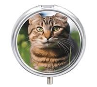 Tabby Cat on The Grass Pill Box 3 Compartment Waterproof Pill Case with Mirror Round Container Metal Medicine Box Organizer Portable Vitamin Case for Pocket & Purse Travel