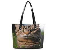 Tabby Cat on The Grass Tote Bag Large Soft Leather Purse with Zipper Lightweight Ladies Shoulder Handbag