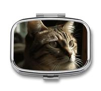 Tabby Cat Pill Box 2 Compartment - Small Metal Medicine Organizer Portable Pill Case for Purse Pocket Travel Vitamin Organizer for Men Women, BPA-Free