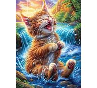 Tabby Cat Playing in A Forest Stream 1000 Piece Jigsaw Puzzle for Adults Animal Plant Jigsaw Essential Parent Activity Family Game Vibrant Fun Ideal 1000 PCS