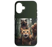 Tabby Cat Selfie Escape from Dinosaur Funny for Teens Adults Case for iPhone 16