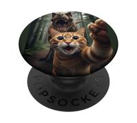 Tabby Cat Selfie Escape from Dinosaur Funny for Teens Adults PopSockets Adhesive PopGrip