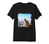 Tabby Cat Sitting Rooftop City Skyline View Premium T-Shirt