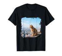 Tabby Cat Sitting Rooftop City Skyline View T-Shirt