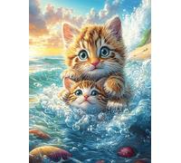 Tabby Cat with A Kitten in The Ocean 1000 Pc DIY Jigsaw Puzzle Science Fiction Magical Dream Puzzles for Adults Teens Hard Challenging Team Building Stress Reducing Autumn Sturdy Wooden Cardboard 100