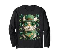 Tabby Cat with Shamrocks Hearts Sunglasses St Patricks Day Long Sleeve T-Shirt