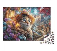 Tabby Kitten 1000 Piece Jigsaw As A Moonlit Village for Family Weekend Activity Participants Stress Relief Unique Pattern 38x26cm/1000pcs