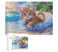 Tabby Kitten in Ocean Waves at Beach 300 Piece Jigsaw Puzzle for Teens 14+ Indoor Educational Game Reasoning Practice Gift for Study 300 PCS