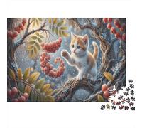 Tabby Kitten Jigsaw Puzzle for Game 1000 Pieces Winter Red Berry Branches Anxiety Relief Secret Santa Small Gift Idea for Couples 38x26cm/1000pcs
