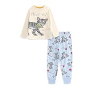 Tabby Mctat Unisex Kids Cream & Light Blue Long Sleeve Pyjama Set | Meee-ew Cartoon Character Nightwear | Pull On Long Leg Sleepwear for Children Merch - 12-18 Months