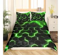 Tabeskly Boy Hexagon geometry Bedding Duvet Covers Set Single, Kids Graffiti Soft Zipper Childrens Full Bed 3 Piece Quilt Covers and Pillowcases Black Green 135×200cm