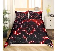 Tabeskly Boy Hexagon geometry Bedding Duvet Covers Set Single, Kids Graffiti Soft Zipper Childrens Full Bed 3 Piece Quilt Covers and Pillowcases Black Red 135×200cm