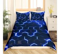 Tabeskly Boy Hexagon geometry Bedding Duvet Covers Set Single, Kids Graffiti Soft Zipper Childrens Full Bed 3 Piece Quilt Covers and Pillowcases Black Blue 135×200cm