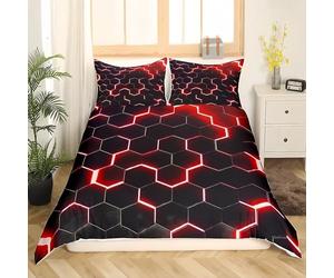 Tabeskly Boy Hexagon geometry Bedding Duvet Covers Set Single, Kids Graffiti Soft Zipper Childrens Full Bed 3 Piece Quilt Covers and Pillowcases Black Red 135×200cm