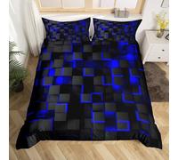 Tabeskly Boy Kids Geometry Square Lattice Bedding Double Duvet Cover Sets Bed Zipper Blue Black 200×200cm