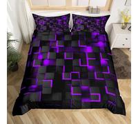 Tabeskly Boy Kids Geometry Square Lattice Bedding Double Duvet Cover Sets Bed Zipper Purple Black 200×200cm
