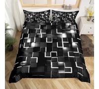 Tabeskly Boy Kids Geometry Square Lattice Bedding Double Duvet Cover Sets Bed Zipper White Black 200×200cm