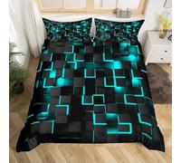 Tabeskly Boy Kids Geometry Square Lattice Bedding Single Duvet Cover Sets Bed Zipper Blue Black 135×200cm