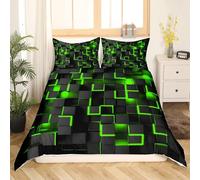Tabeskly Boy Kids Geometry Square Lattice Bedding Single Duvet Cover Sets Bed Zipper Green Black 135×200cm