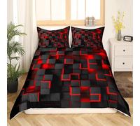 Tabeskly Boy Kids Geometry Square Lattice Bedding Single Duvet Cover Sets Bed Zipper Red Black 135×200cm