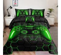 Tabeskly Boy Kids Hexagon Geometry Gaming Gamepad Gamer Bedding Double Duvet Cover Sets Bed Zipper Green Black 200×200cm