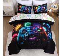 Tabeskly Boy Kids Hexagon Geometry Gaming Gamepad Gamer Bedding Double Duvet Cover Sets Bed Zipper Multicolor Black 200×200cm