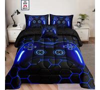 Tabeskly Boy Kids Hexagon Geometry Gaming Gamepad Gamer Bedding Single Duvet Cover Sets Bed Zipper Blue Black 135×200cm